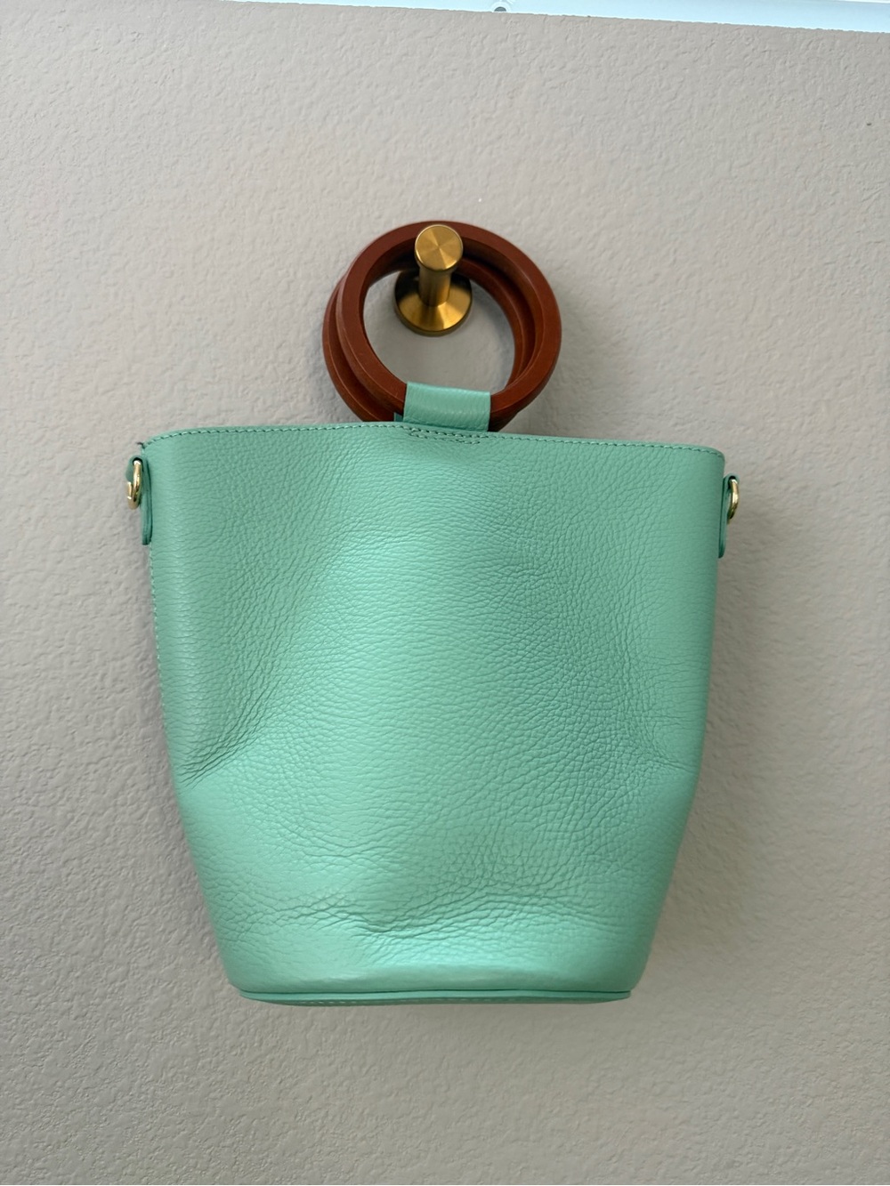 NWT Mint Leather Bucket Bag with Wooden Handles